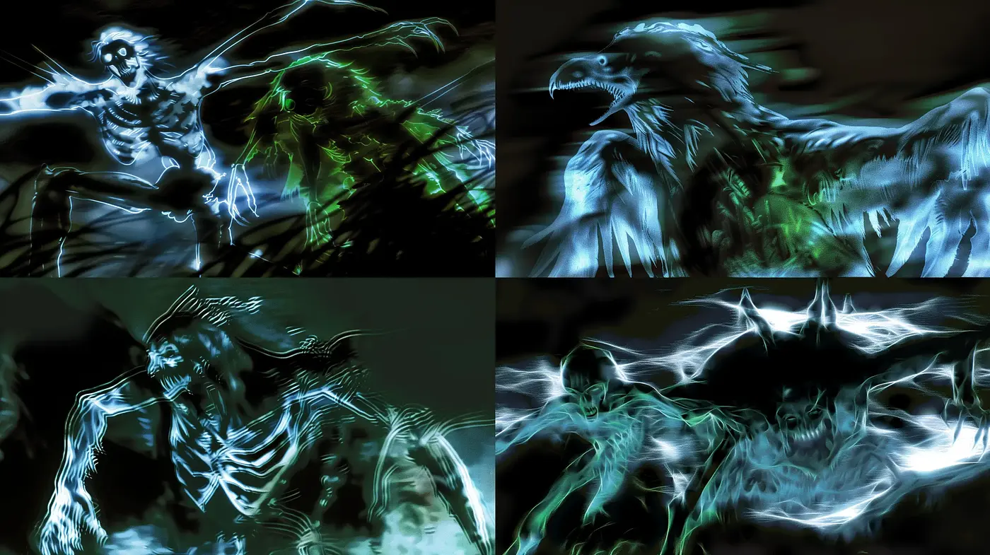 Ethereal Phantasmagoric Visions in Luminous Cyan - Midjourney sref style