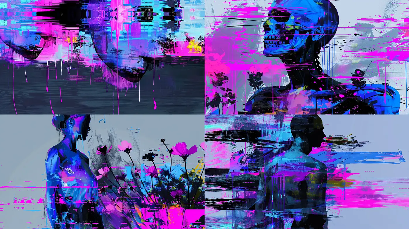 Cybernetic Dreamscape: A Fusion of Neon Glitch Art and Digital Expressionism - Midjourney sref style
