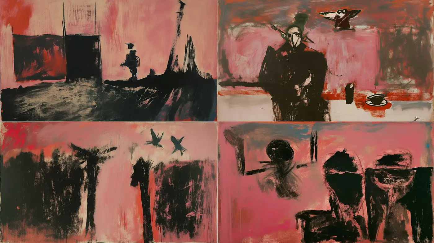 Abstract Expressionist Flux: A Study in Red and Black Brushwork - Midjourney sref style