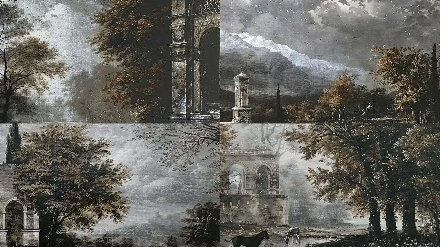 Ethereal Echoes of Classical Romanticism in Monochromatic Tones - Midjourney sref style