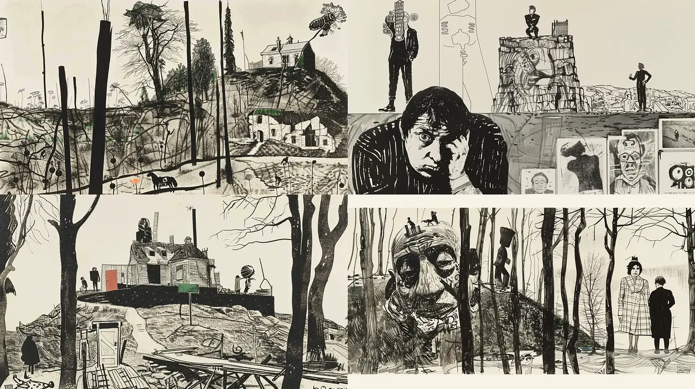 Sombre Ink Hatching and Stippling Artworks Conveying a Nostalgic Narrative - Midjourney sref style