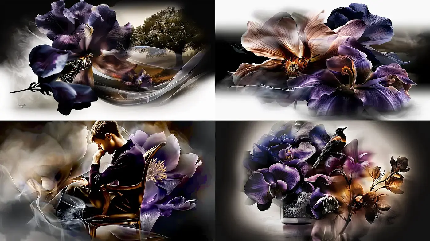 Elegant Floral Surrealism with Moody Undertones - Midjourney sref style