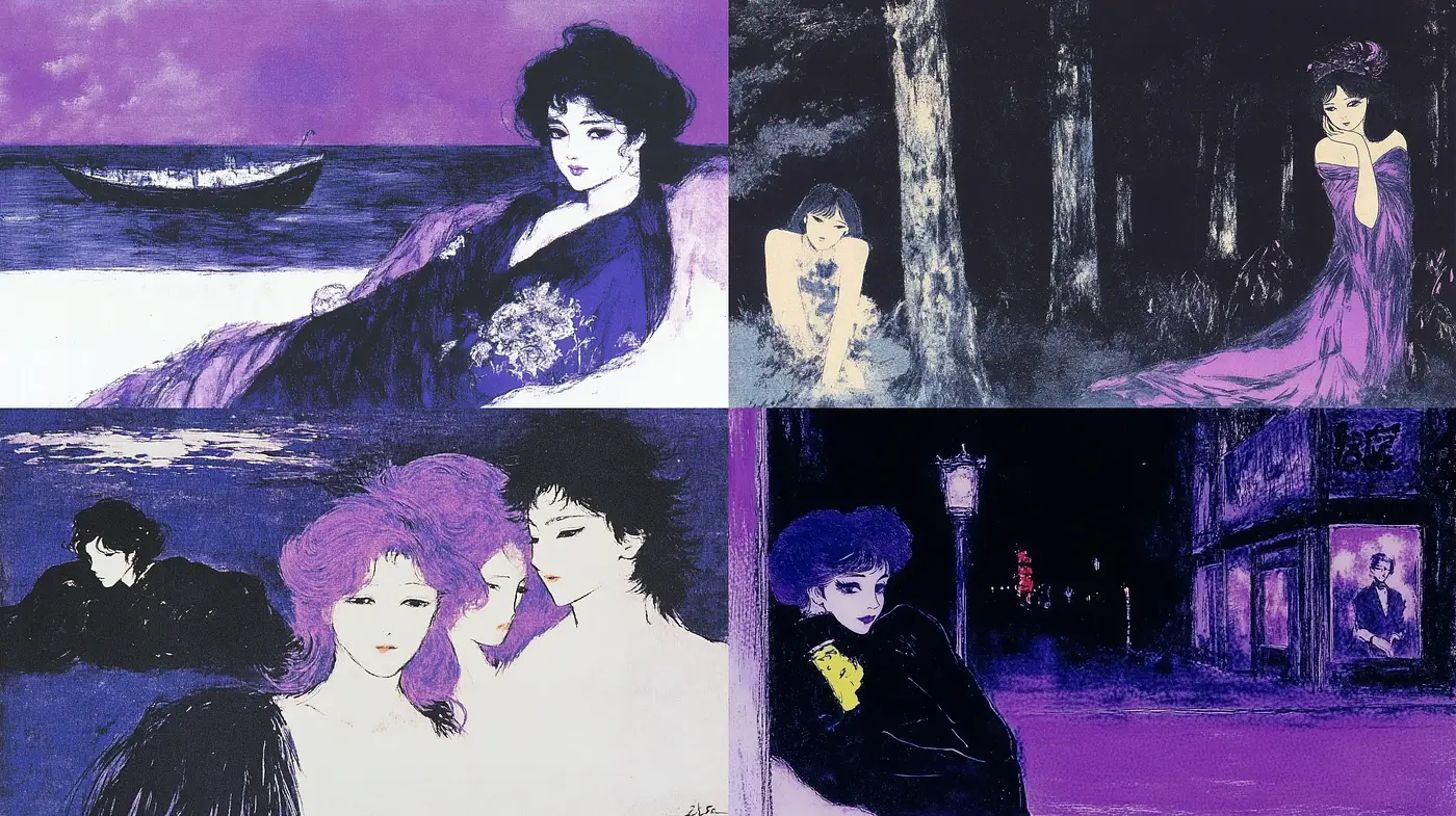 Nocturnal Elegance in Mauve: A Homage to Printmaking and Ukiyo-e - Midjourney sref style
