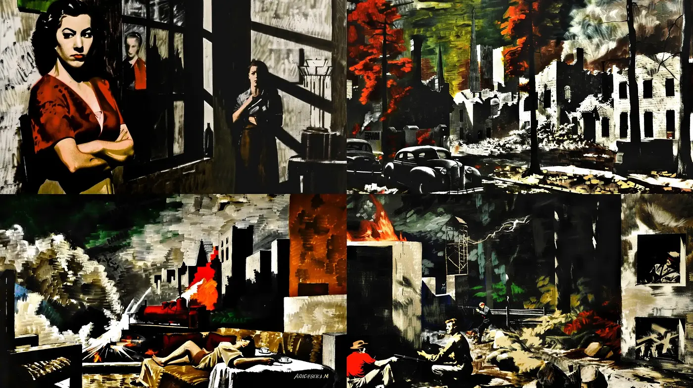 Noir-Inspired Cinematic Collage in Expressionist Hues - Midjourney sref style