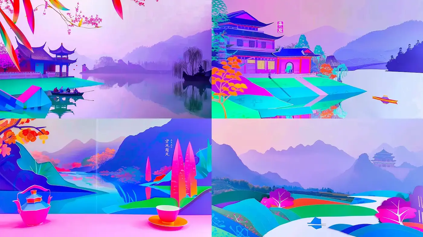 Vibrant landscapes with a surreal, dreamlike ambiance and strong graphic elements - Midjourney sref style