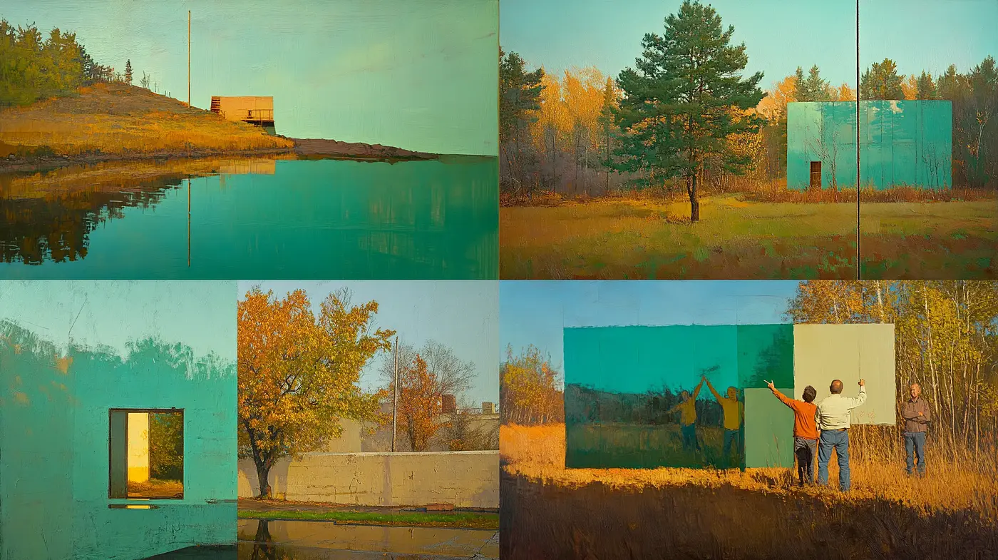 Serene Twilight Hues in Stylized Landscapes and Figures - Midjourney sref style