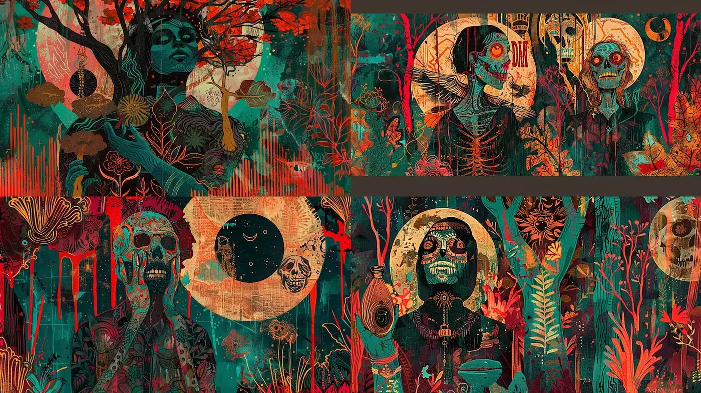 Vibrant, mystical imagery with a blend of the macabre and nature - Midjourney sref style