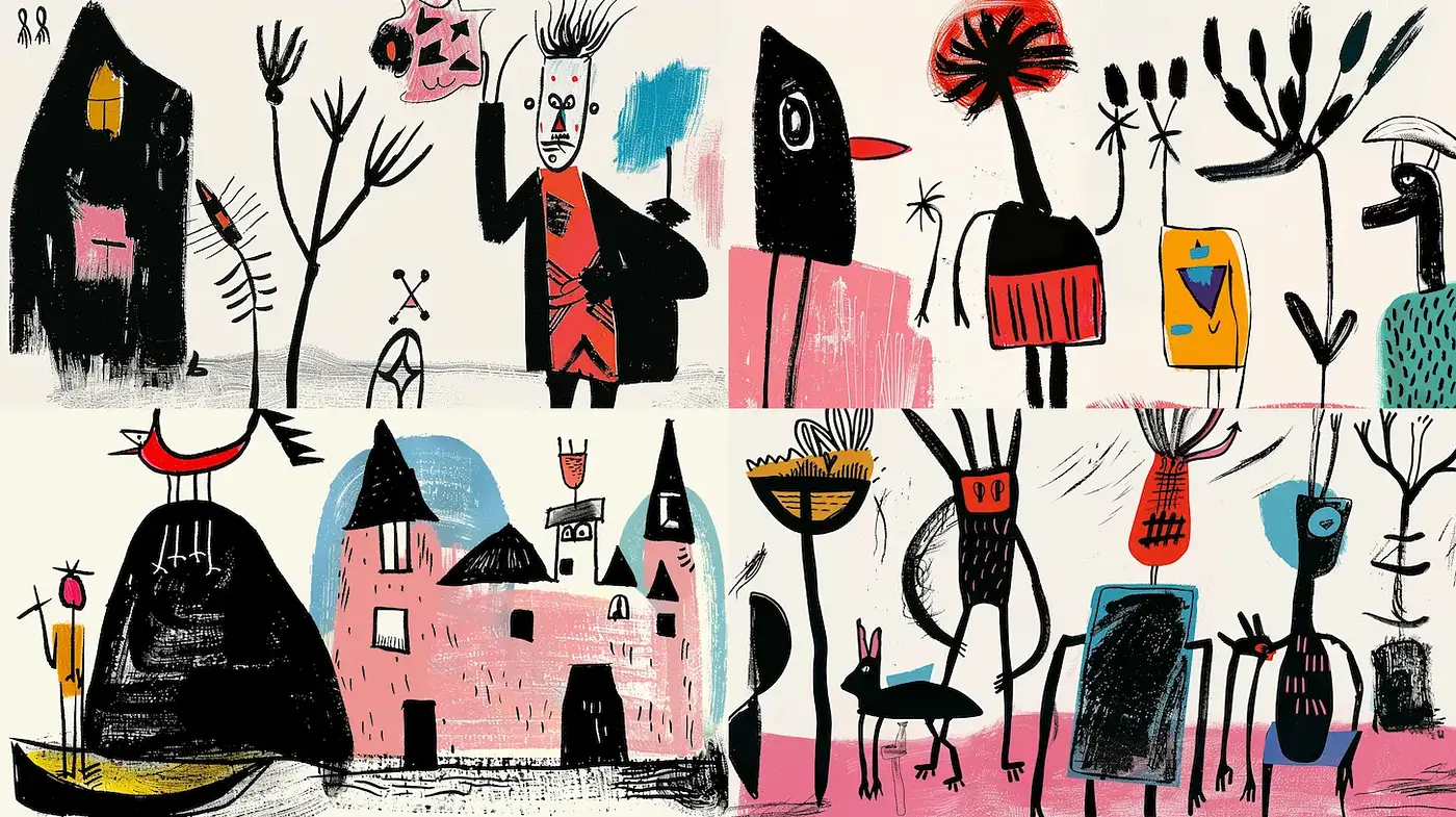 Whimsical and Abstract Illustration with Bold Elements - Midjourney sref style