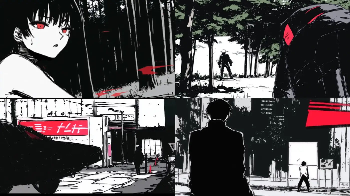 Monochromatic Noir with Striking Red Accents - Midjourney sref style