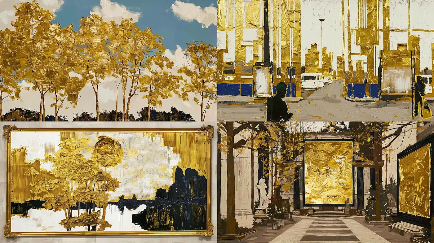 Luxurious Golden Impressions with Urban and Natural Elements - Midjourney sref style