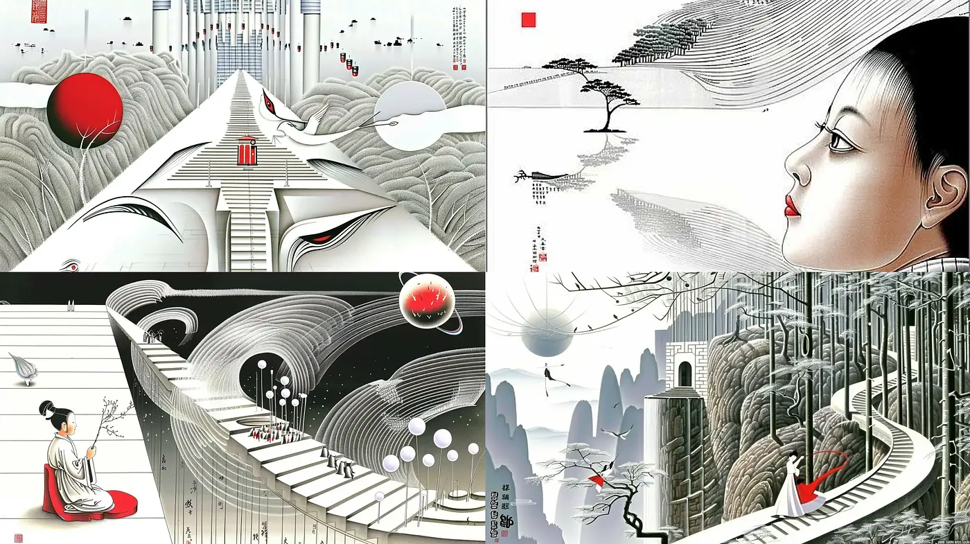 Ethereal Monochrome Dreams with Pops of Red: A Homage to Traditional Asian Aesthetics - Midjourney sref style
