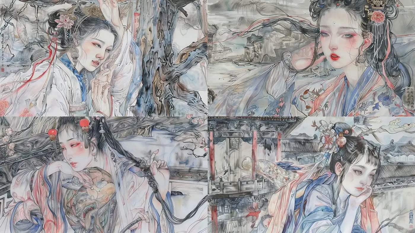 Ethereal Ink-Wash Elegance: A Fusion of Traditional Asian Aesthetics and Contemporary Artistic Sensibilities - Midjourney sref style