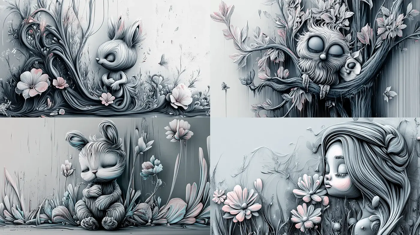 Monochromatic Whimsy: Enchanted Fauna and Flora in a Dreamlike State - Midjourney sref style
