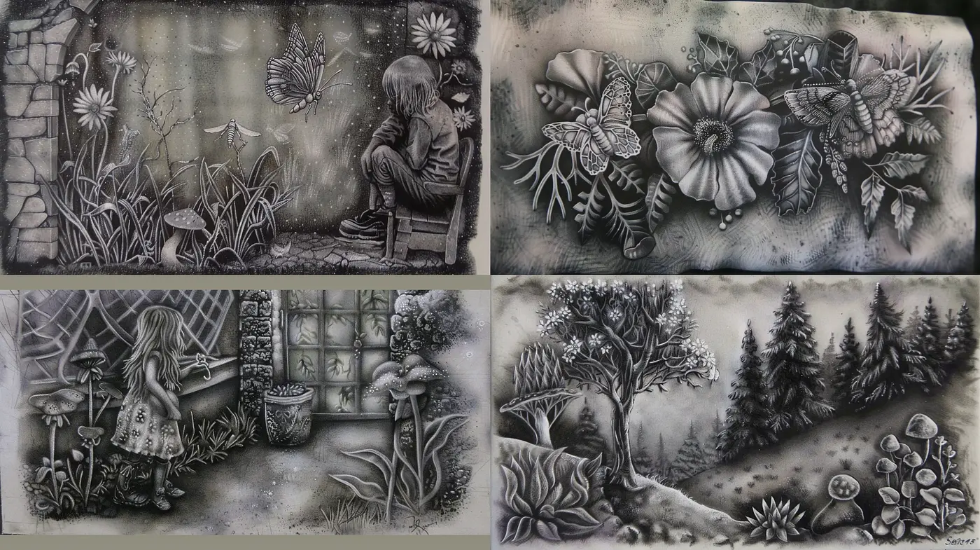 Monochromatic Dreamscapes with Ethereal Textures - Midjourney sref style