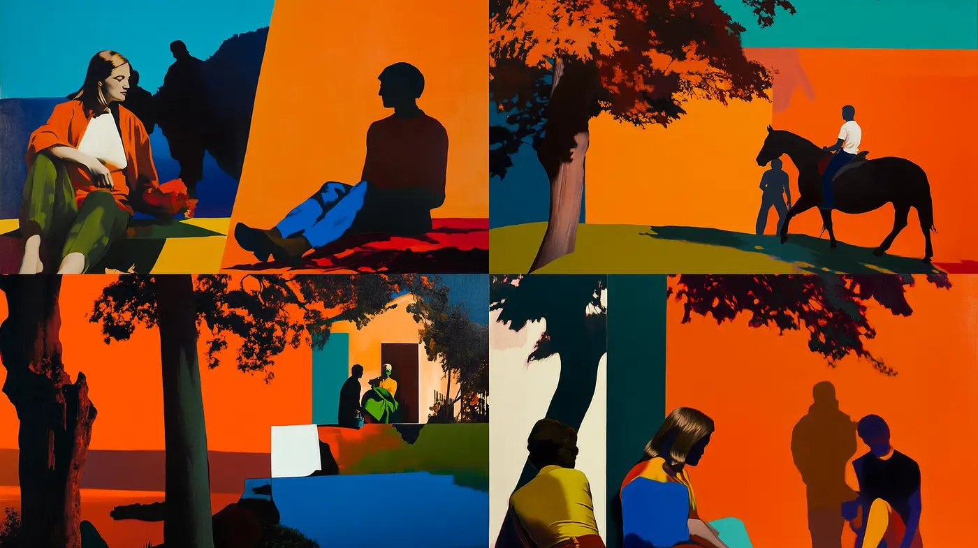 Vibrant Contemporary Art with Dynamic Overlays and Stylized Forms - Midjourney sref style