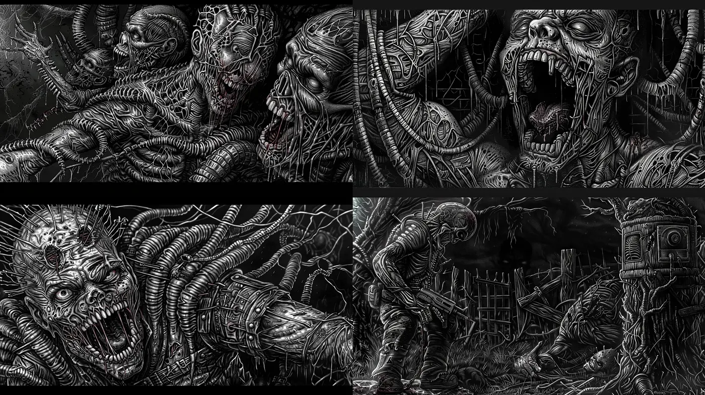 Monochromatic Nightmare: An Ode to H.R. Giger's Dark Surrealism - Midjourney sref style