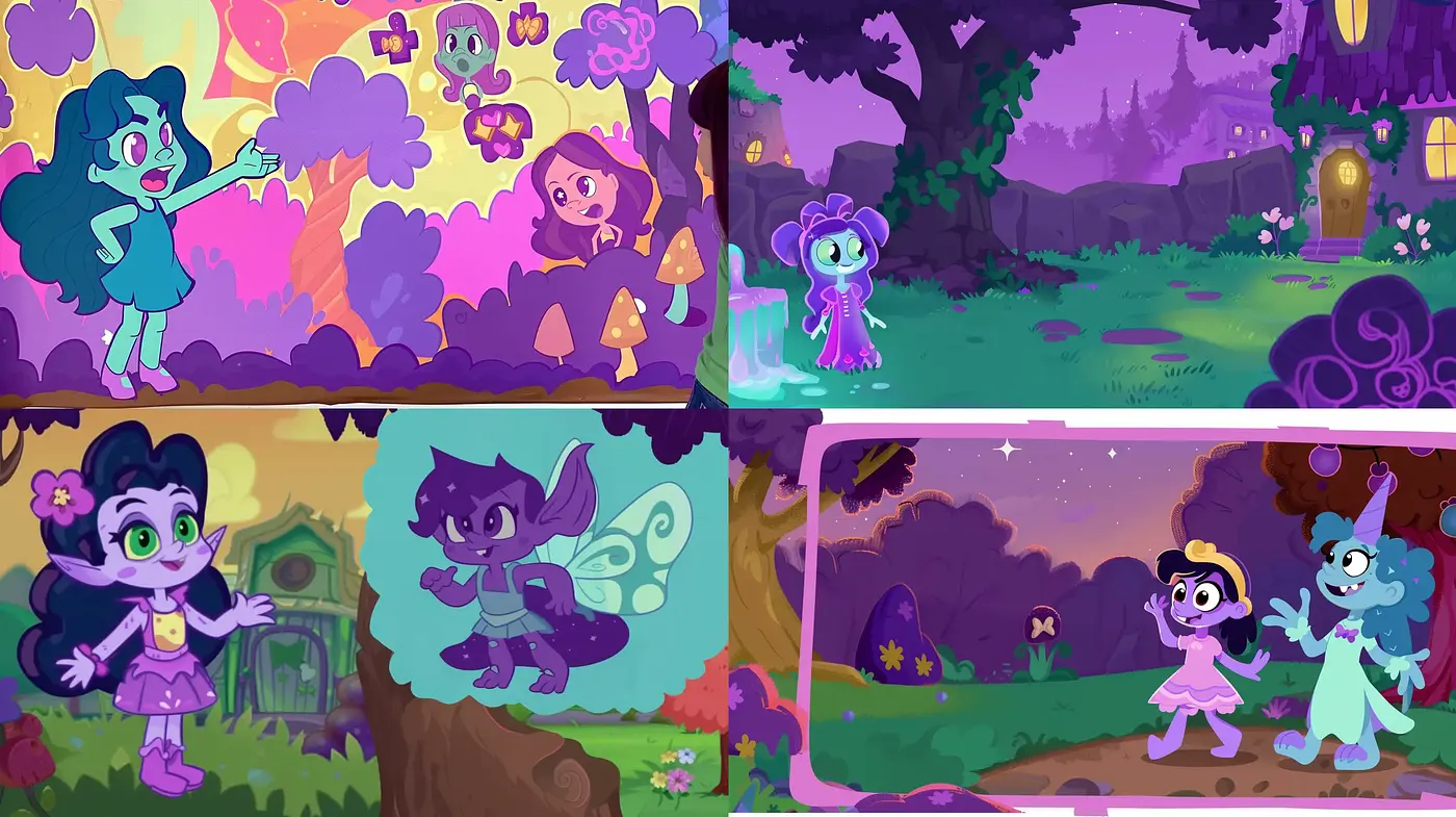 Enchanted Cartoon Whimsy: A Fusion of Vibrant Hues and Night-Time Mystery - Midjourney sref style