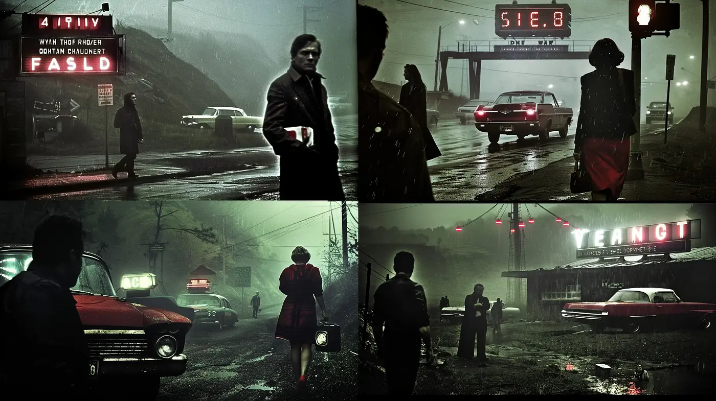 Noir-Influenced Cinematic Tableaus with a Tinge of Surrealism - Midjourney sref style