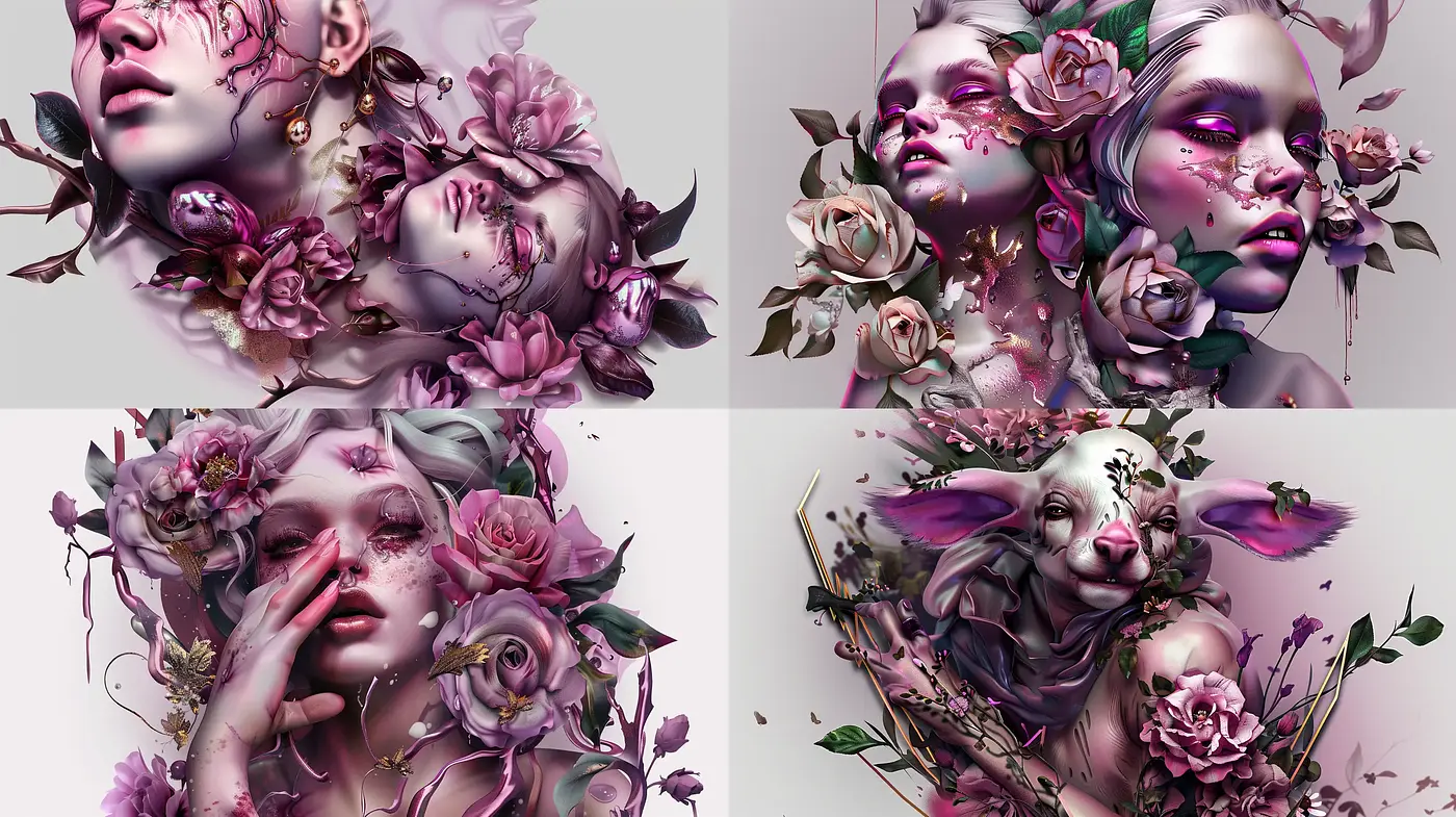 Ethereal Floral Dreamscape: Blooming Gradients and Surrealist Whimsy - Midjourney sref style