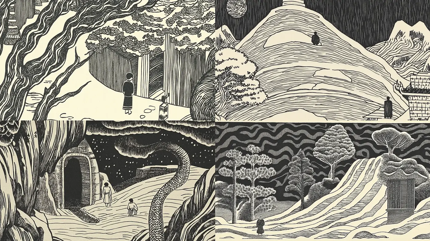 Monochromatic Dreamscape: Serene and Stylized Nature in Ink - Midjourney sref style
