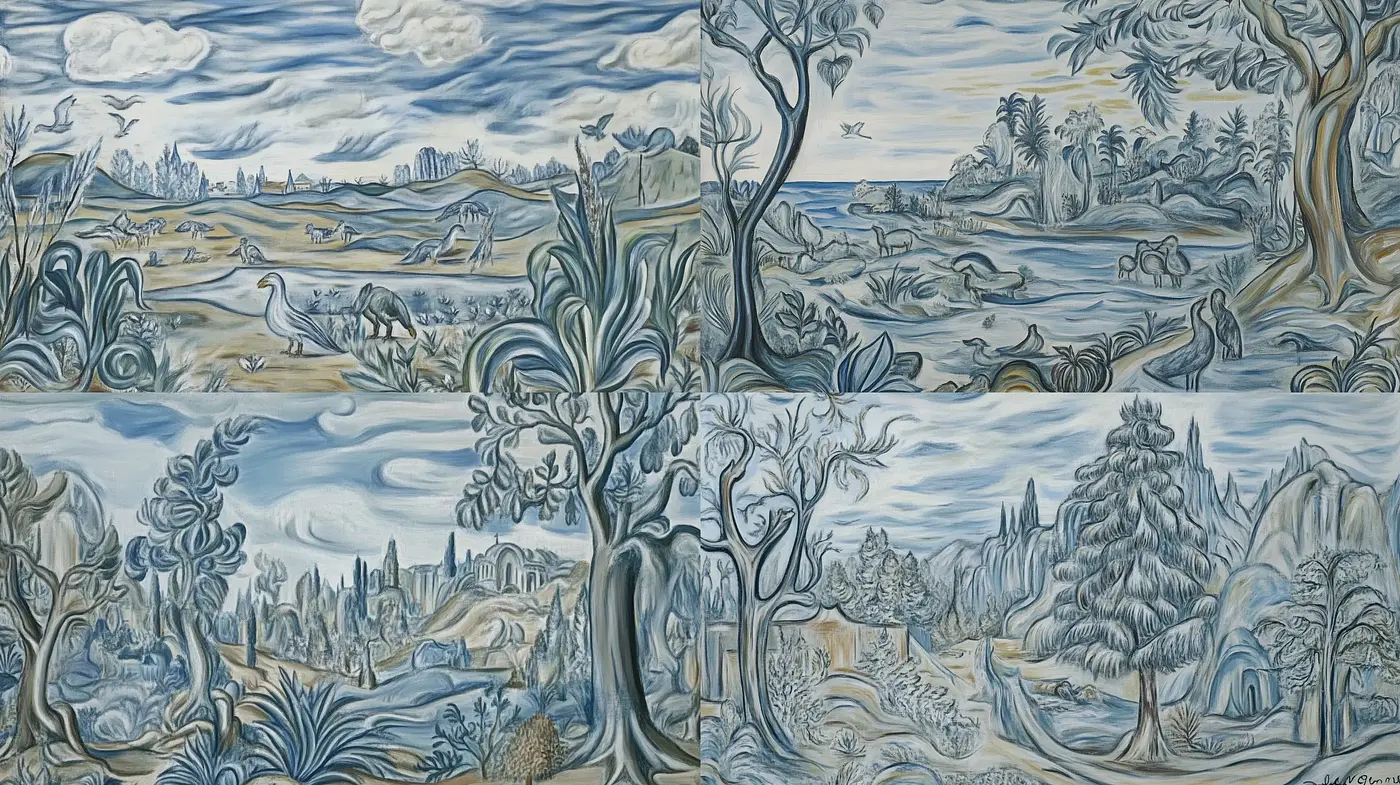 Ethereal Landscape Tapestry: A Harmonious Blending of Nature and Fantasy in Monochromatic Blue - Midjourney sref style