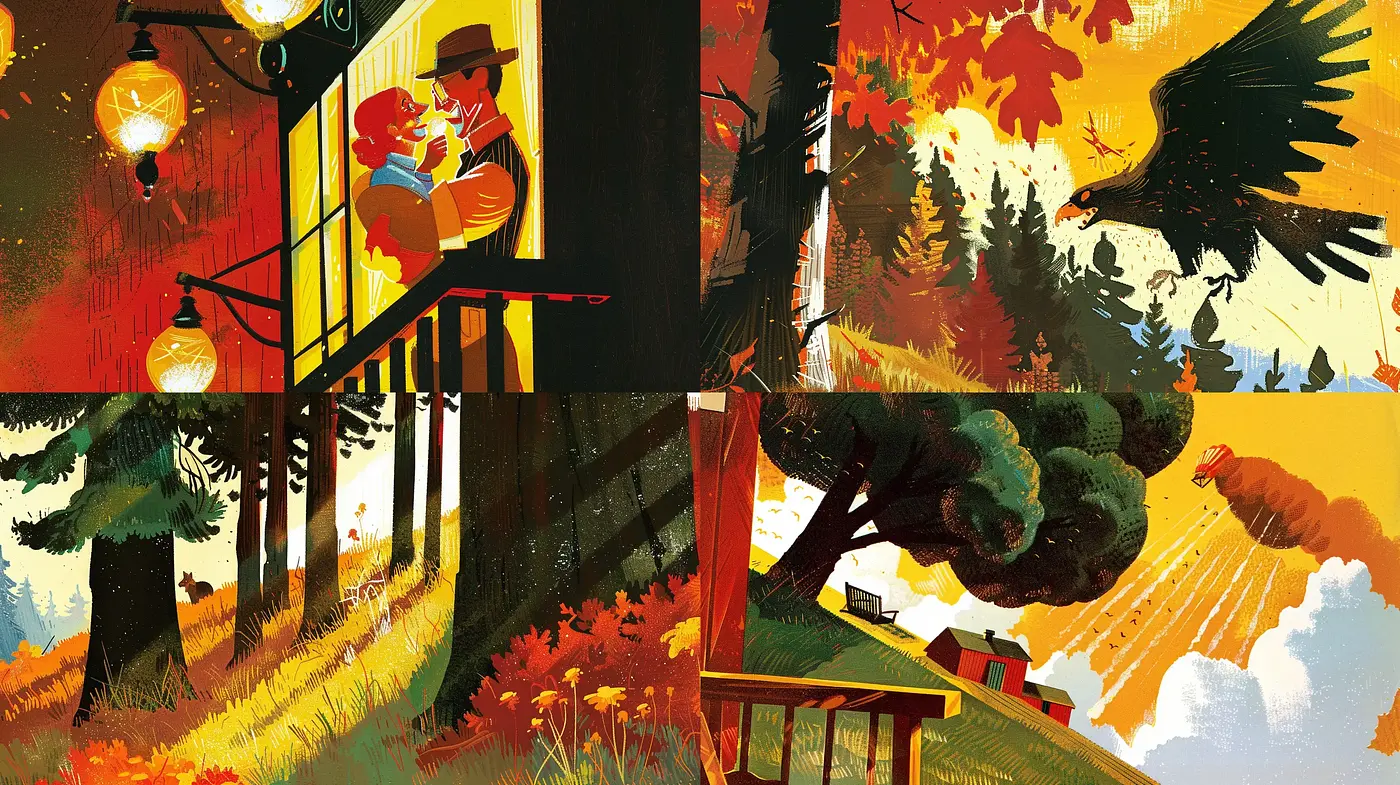Autumnal Hues and Nostalgic Illustrative Storytelling - Midjourney sref style