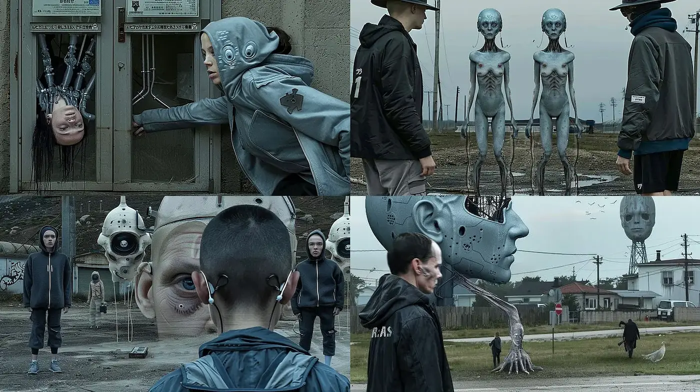 Surreal and Dystopian Visions Blending Humanity and Technology - Midjourney sref style