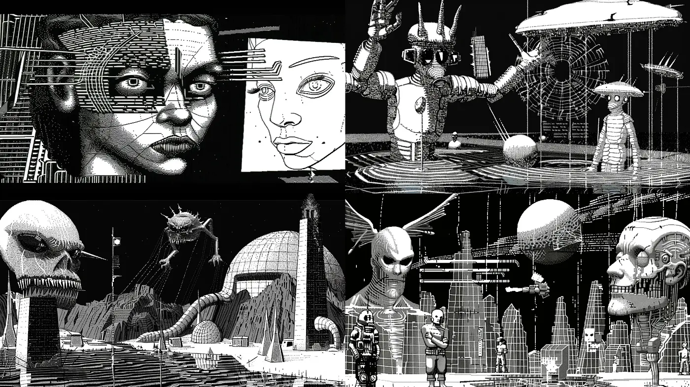 Monochromatic Sci-Fi Dreamscape with Surrealistic Overtones - Midjourney sref style