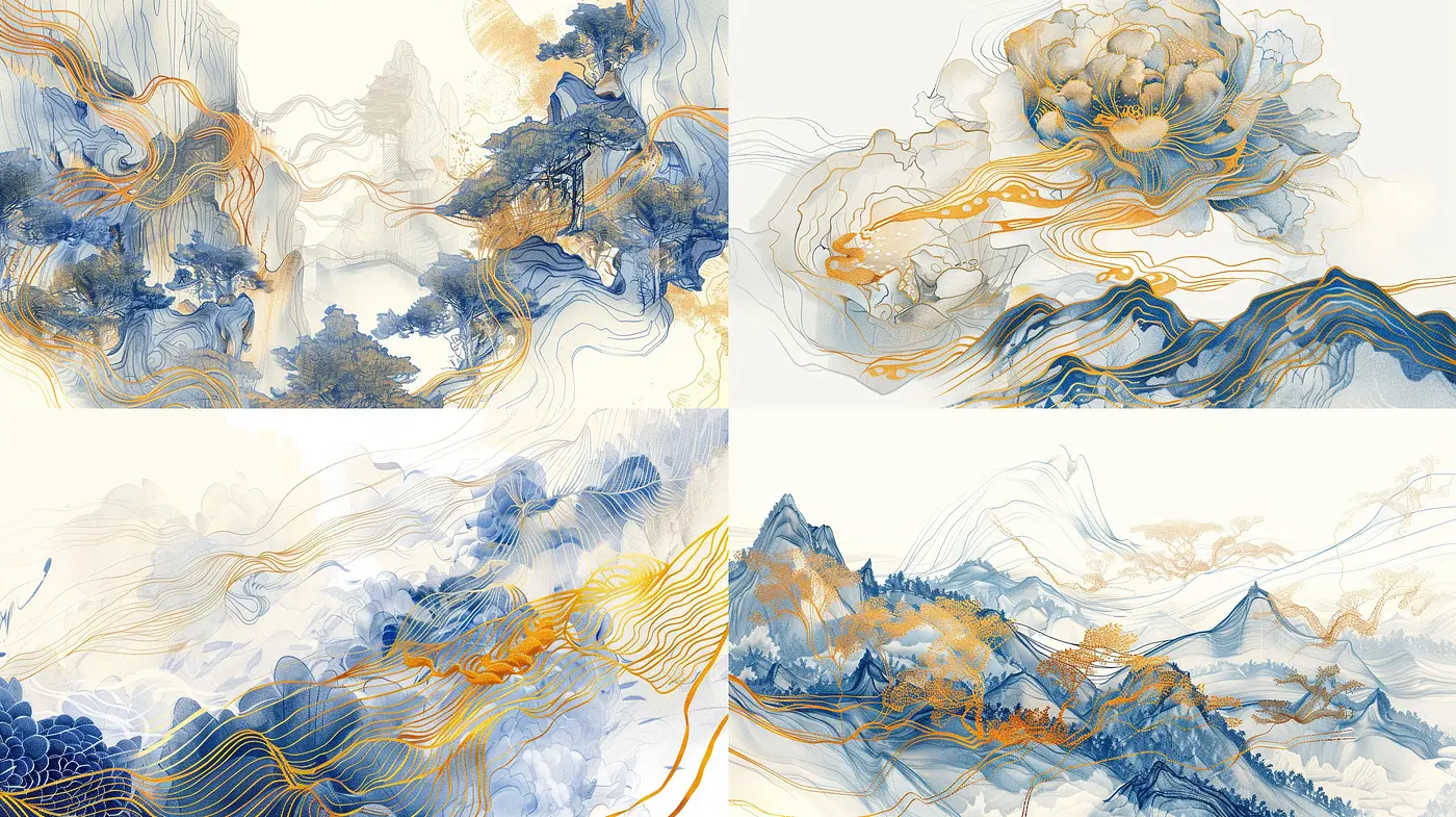 Ethereal Landscape Impressions in Blue and Gold - Midjourney sref style