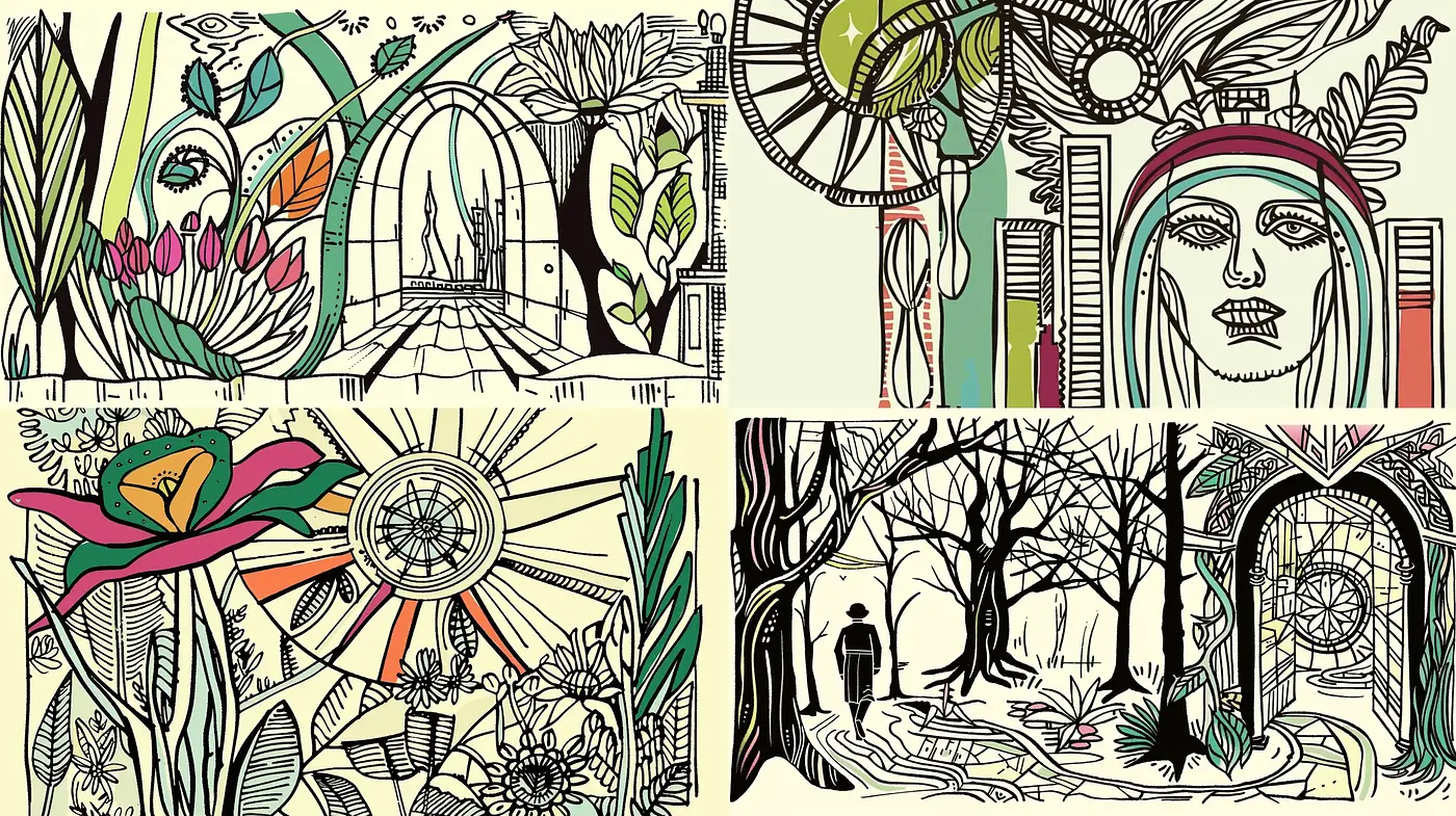 Consistently Stylized Nature-Inspired Line Art with Ethereal Overtones - Midjourney sref style