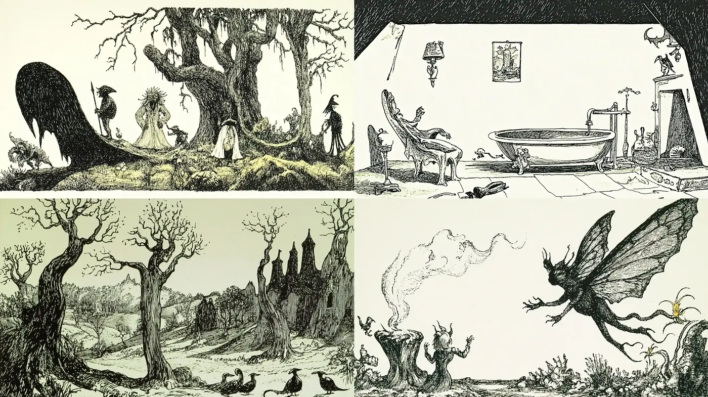 Enigmatic Illustrative Narrative in Monochrome - Midjourney sref style
