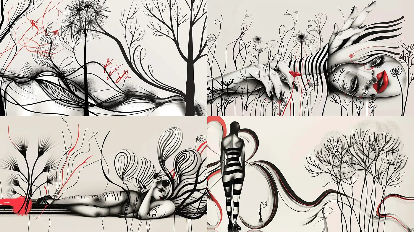 Surreal Monochrome Dreams with a Touch of Red - Midjourney sref style