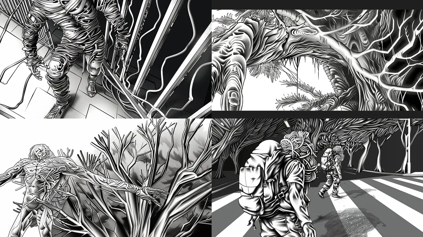 Monochromatic Dreamscape: A Fusion of Surrealism and Graphic Novel Aesthetics - Midjourney sref style