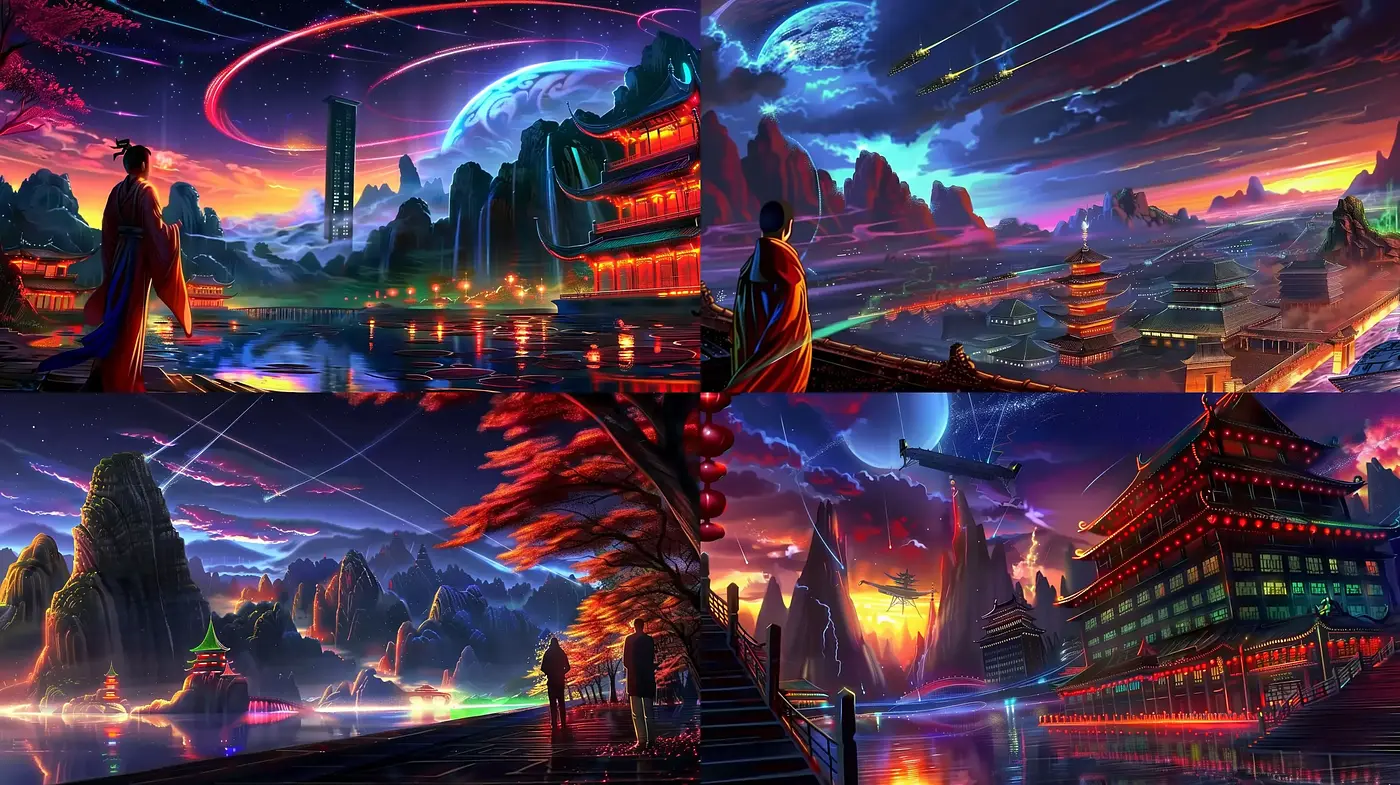 Futuristic Eastern Skylines at Twilight: A Vivid Cyberpunk Panorama - Midjourney sref style
