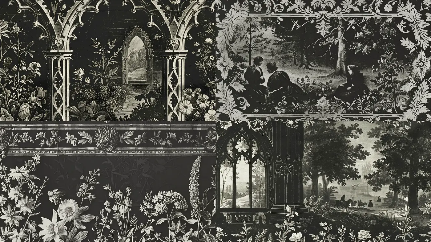 Monochromatic Tapestry of Pastoral and Architectural Elegance - Midjourney sref style