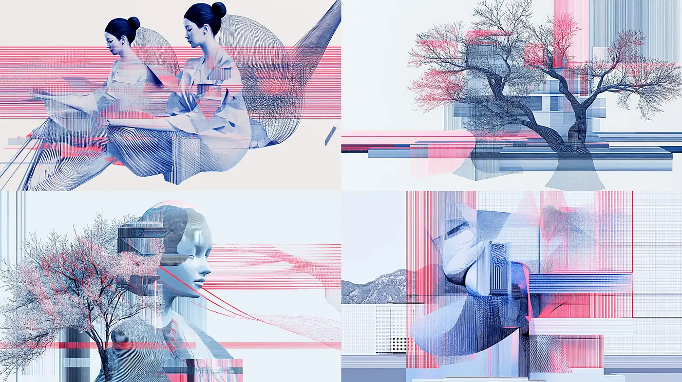 Ethereal Cyan Dreamscape: A Fusion of Digital Glitch and Traditional Japanese Aesthetics - Midjourney sref style
