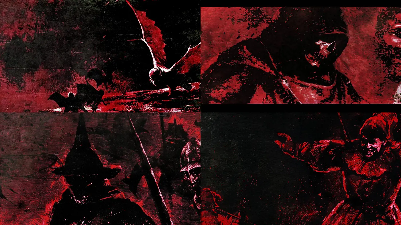 Gritty Crimson Shadows: A Dark and Intense Artistic Fusion - Midjourney sref style