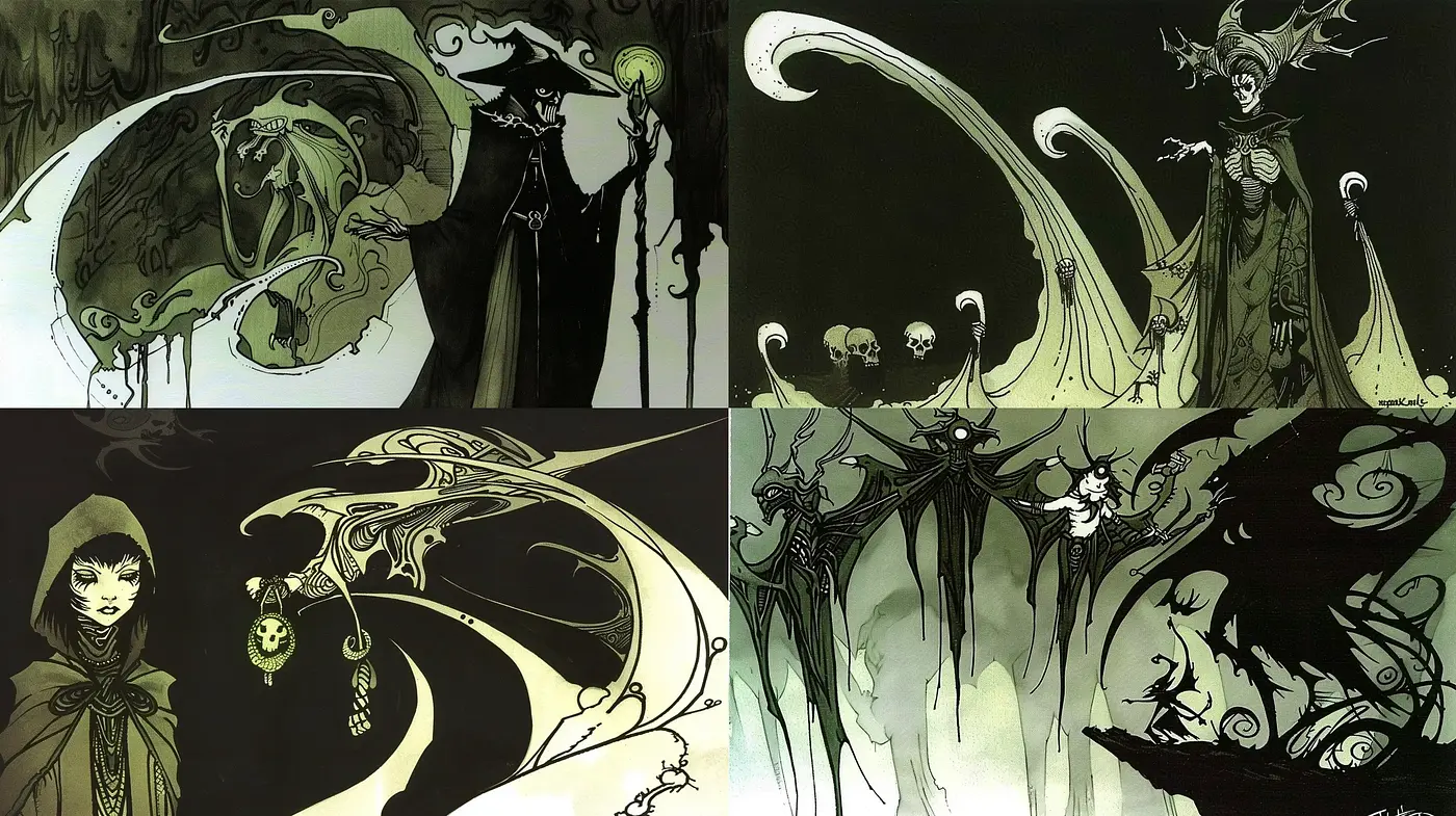 Whimsical Nocturne: A Study in Monochromatic Fantasy - Midjourney sref style