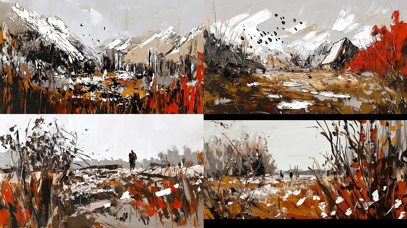 Abstract Textural Landscapes with Vivid Hues and Brushstroke Dominance - Midjourney sref style
