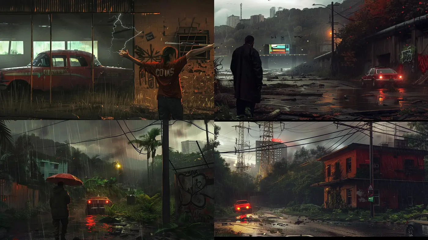 Dystopian Deluge: A Rain-soaked, Neon-lit Atmospheric Series - Midjourney sref style