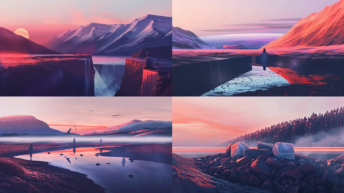 Twilight Hues of Serene Landscapes: A Dreamy Synthesis of Light and Shadow - Midjourney sref style