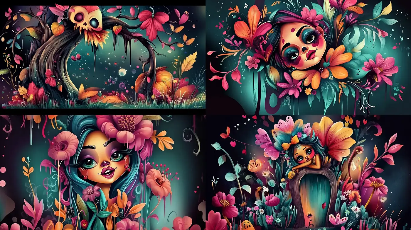 Enigmatic Floral Dreamscapes with Vibrant Colors and Otherworldly Characters - Midjourney sref style