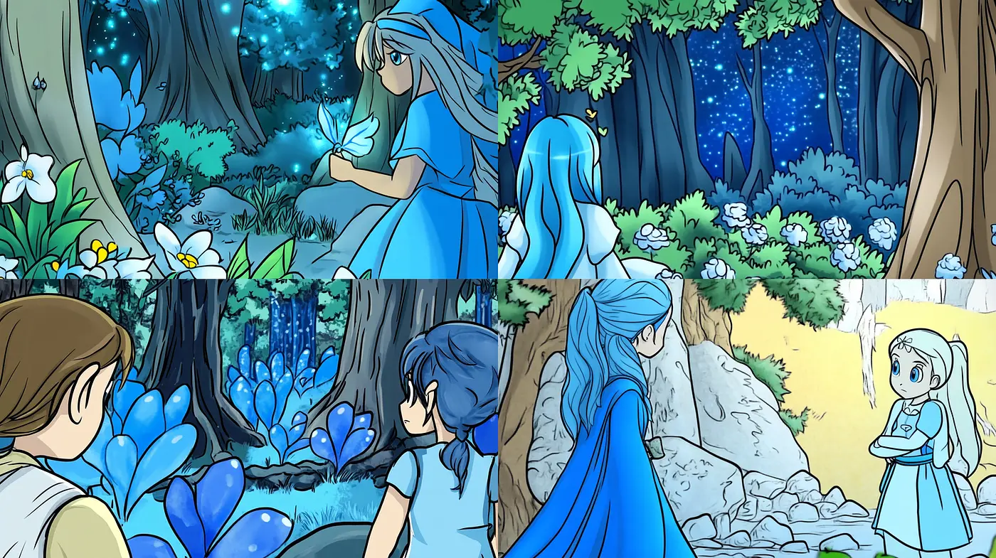 Whimsical and Enchanting Blue-Tinted Adventure with Magical Elements - Midjourney sref style