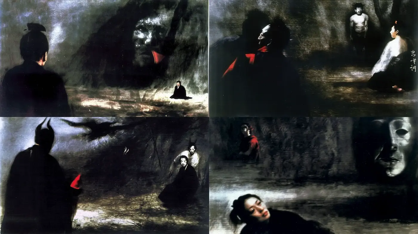 Ethereal Shadows and Red Accents in Expressionist Nocturne - Midjourney sref style