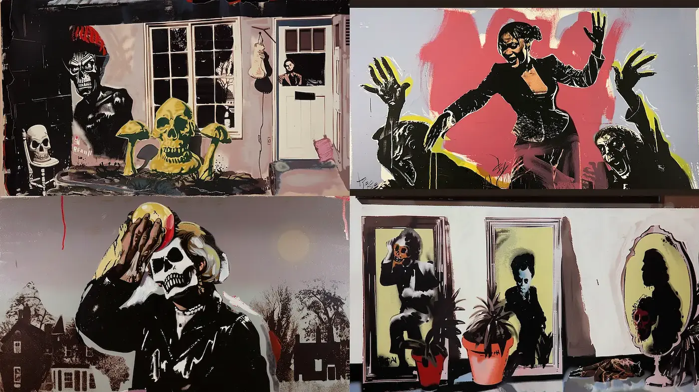Bold and expressive illustrations with a mix of macabre and surreal elements - Midjourney sref style