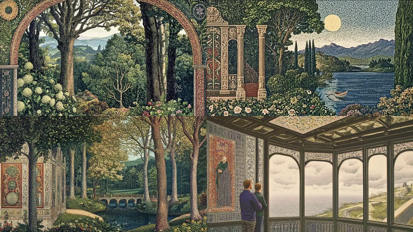Enigmatic Tapestry of Twilight Gardens: A Melding of Art Nouveau Grace and Pointillist Detail - Midjourney sref style