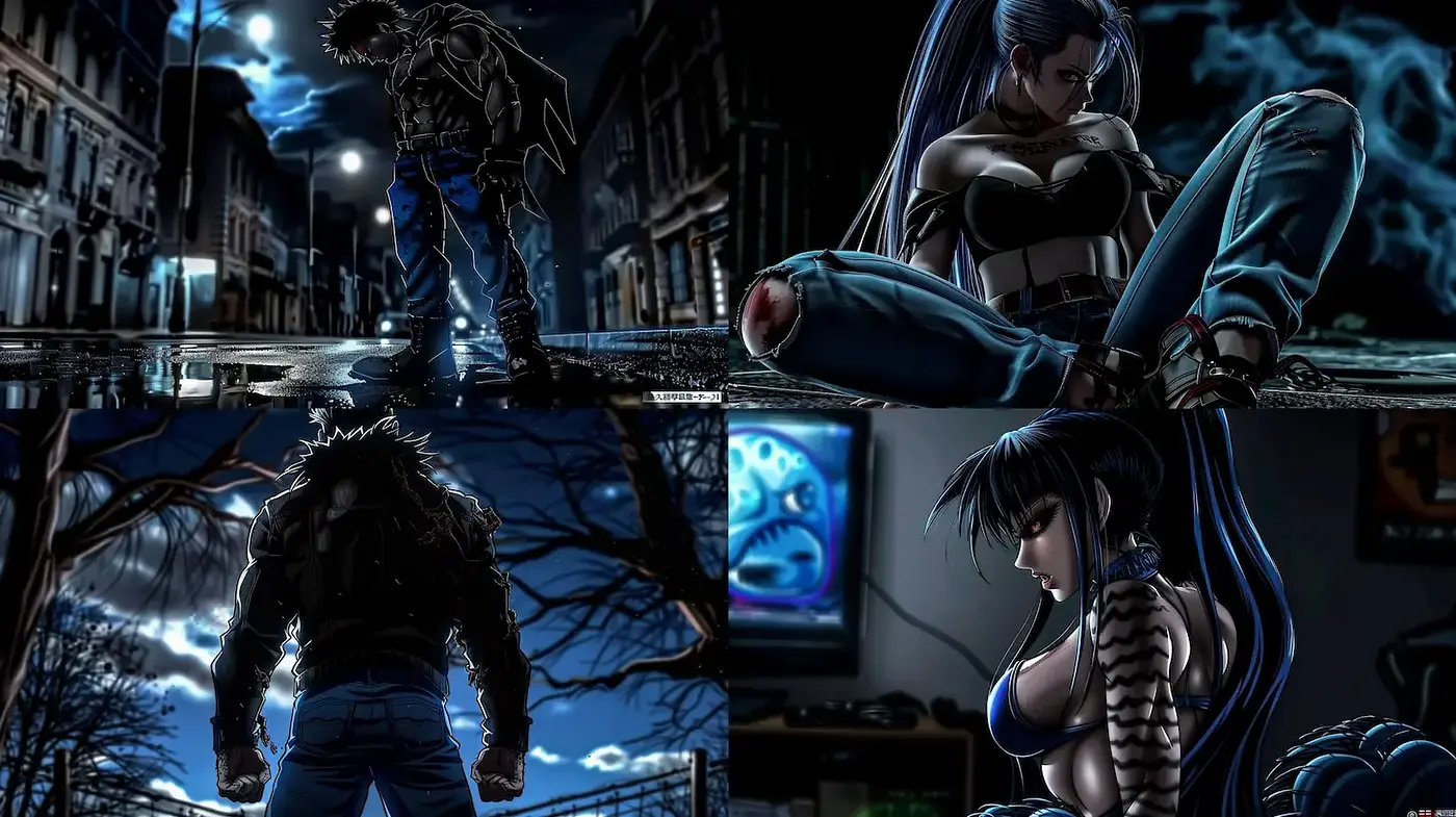 Gritty urban landscapes blended with dynamic character designs in a dark, stylized anime aesthetic - Midjourney sref style