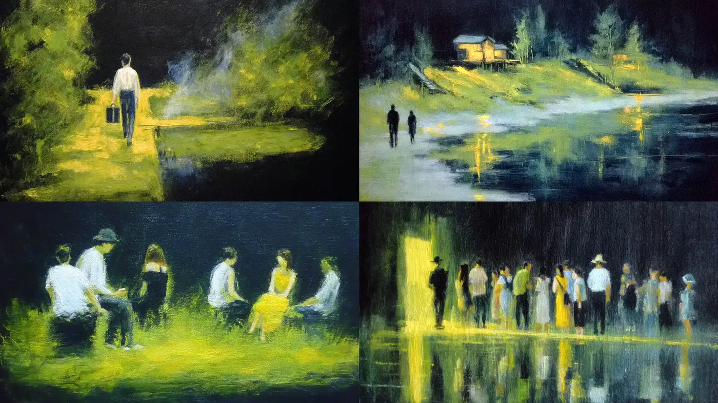 Serene and Melancholic Landscape with Figures Under Soft Light - Midjourney sref style
