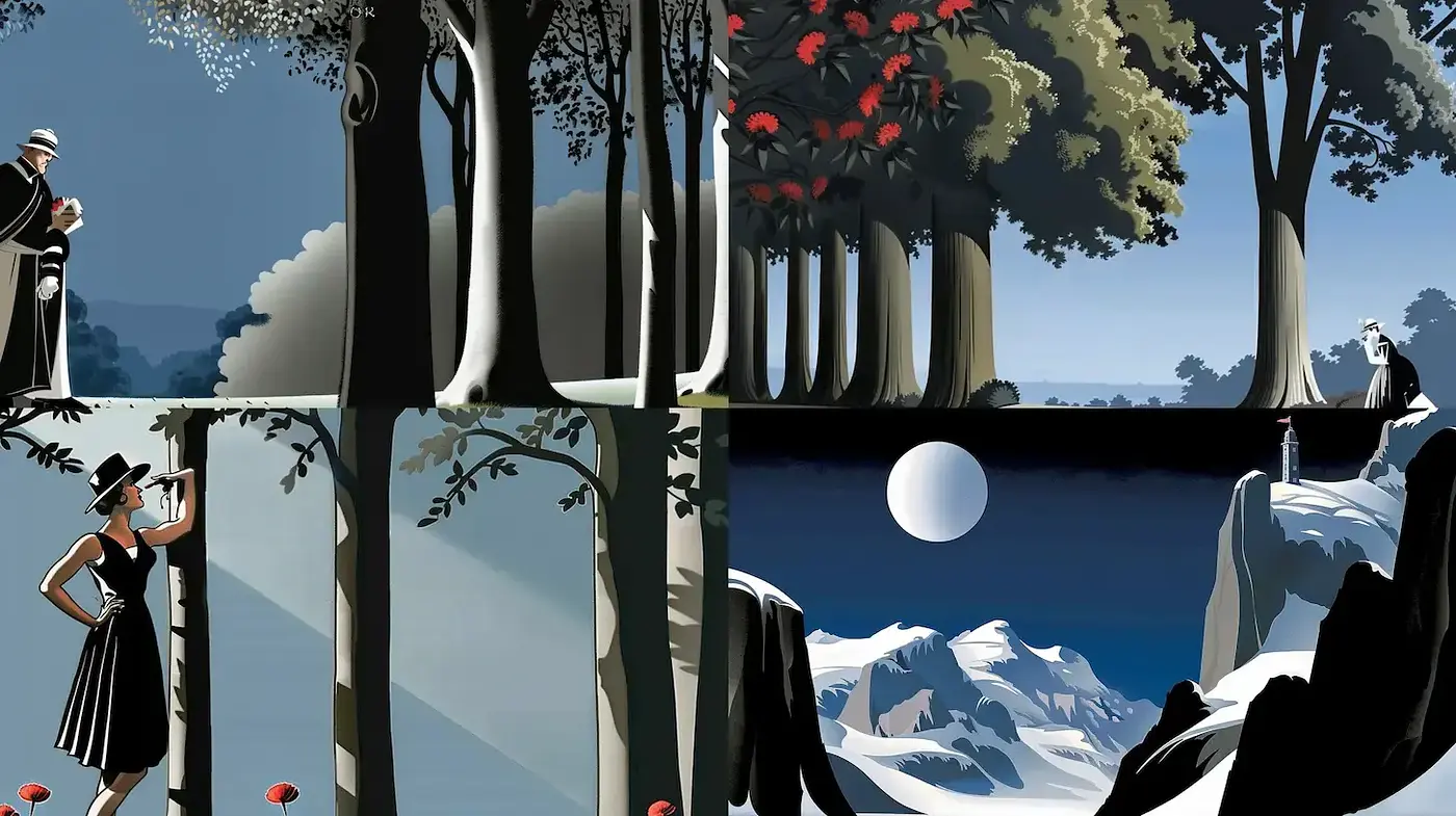 Stylized Illustrations with a Retro-Futuristic Flair and Artistic Depth - Midjourney sref style