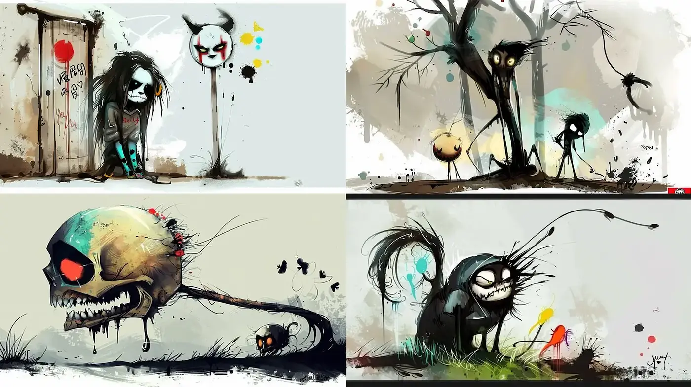 Whimsical yet macabre illustrations with an edgy, playful quality - Midjourney sref style